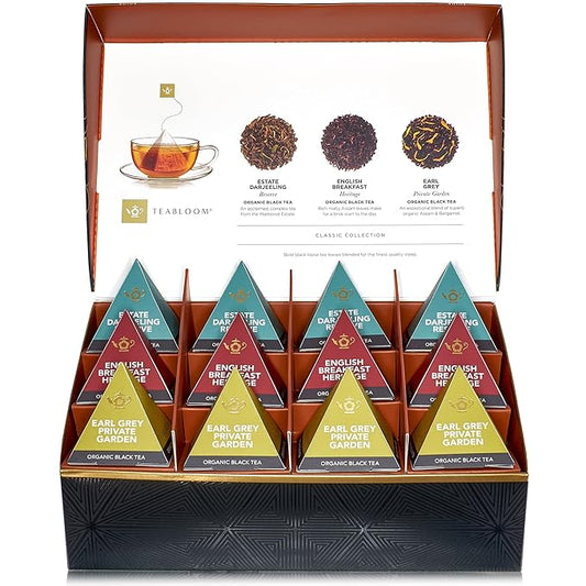Teabloom Classic Black Teas – Organic Assortment with 12 Plant-Based Pyramid Sachets, Earl Grey, Darjeeling & English Breakfast, Elegant Presentation Box for Tea Enthusiasts