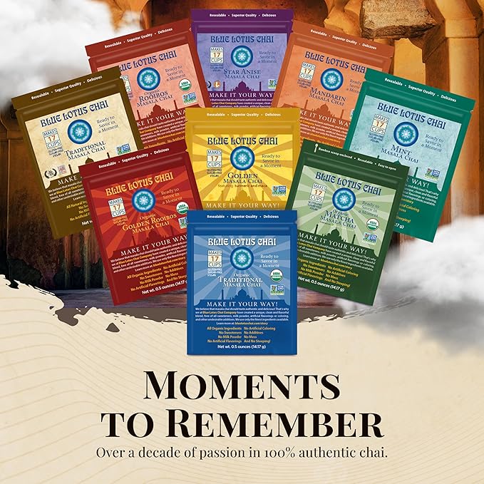 Blue Lotus Chai - Golden Rooibos Flavor Masala Chai - Makes 17 Cups - 0.5 Ounce Masala Spiced Chai Powder with Organic Spices - Instant Indian Tea No Steeping - No Gluten