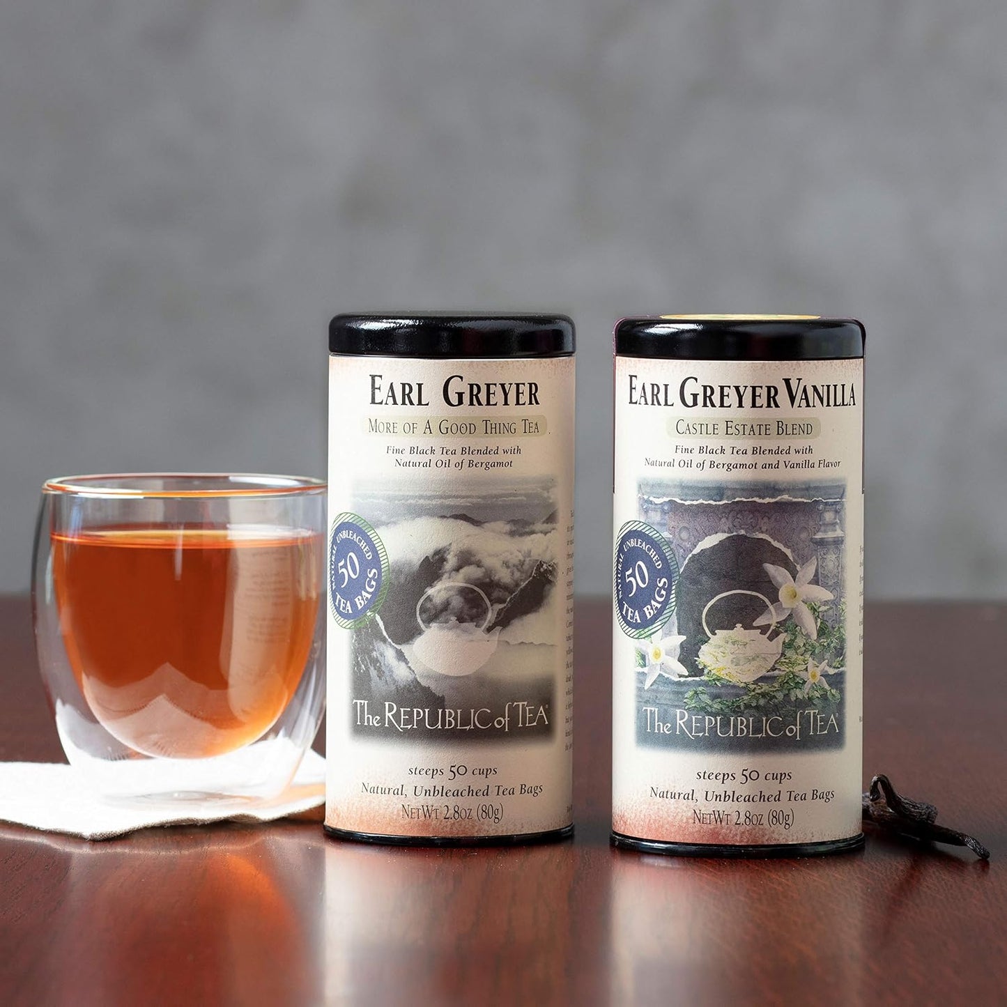 The Republic of Tea Earl Greyer Vanilla Black Tea, 50 Count | Naturally Caffeinated. Made for morning or afternoon. Brisk and full-bodied with notes of lively citrus and bright bergamot.