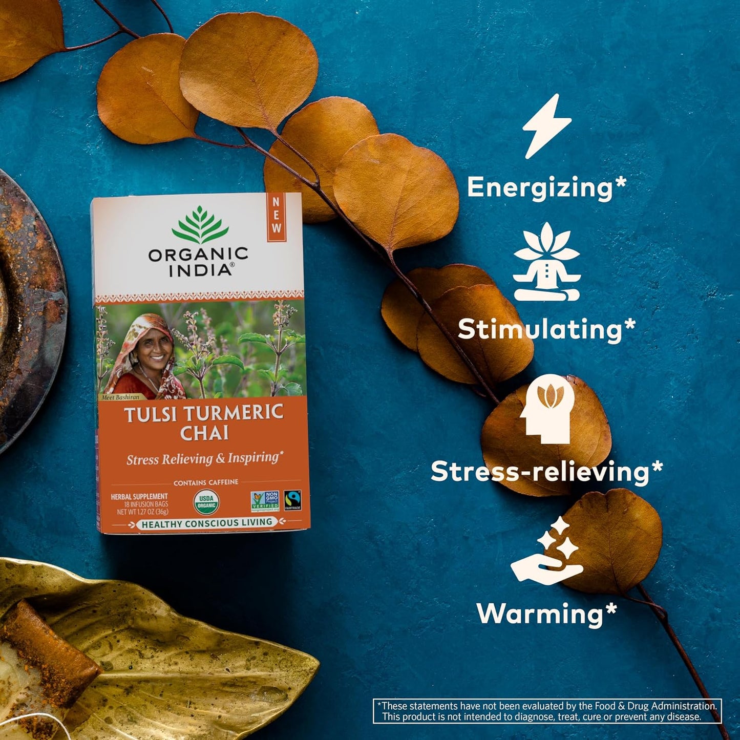 Organic India Tulsi Turmeric Chai Tea - Herbal Tea Bags with Caffeine, Ginger Root, Cinnamon, Holy Basil, Stress Relieving and Energizing, Immune Support, Helps Digestion - 18 Count, Pack of 6 | Turmeric Ginger Tea, Holy Basil, Black, Immune Support, Aids