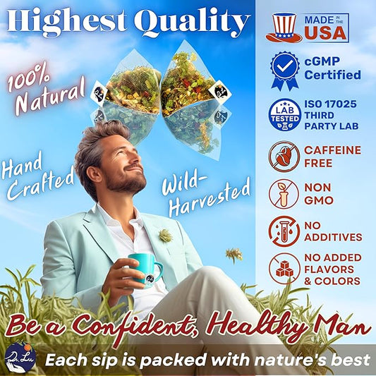 Dr. Lu’s Happy Tea for Guy | 100% Natural Energy Tea for Men | Supports Prostate, Vitality & Fertility | 11-Herb Blend with Maca, Corn Silk & Hibiscus in Corn Fiber Tea Bags Made in USA