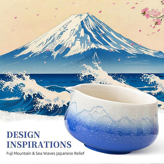 TEANAGOO 7 Pcs Matcha Whisk Set,Blue Matcha Set, Ceremony Matcha Powder Kit,Matcha Tea Set for Making Latte,Matcha Whisk Set and Bowl with Scoop&Sifter,Fuji Design Ceramic Bowl,Gift for Matcha Lovers