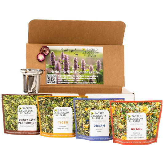 Sacred Blossom Farm Herbal Tea | Box of Flavor Set | 4 Top Selling Flavors | Farm Direct | Loose Leaf Tea | All Natural & Sustainably Grown in USA | Caffeine Free | 100+ Servings