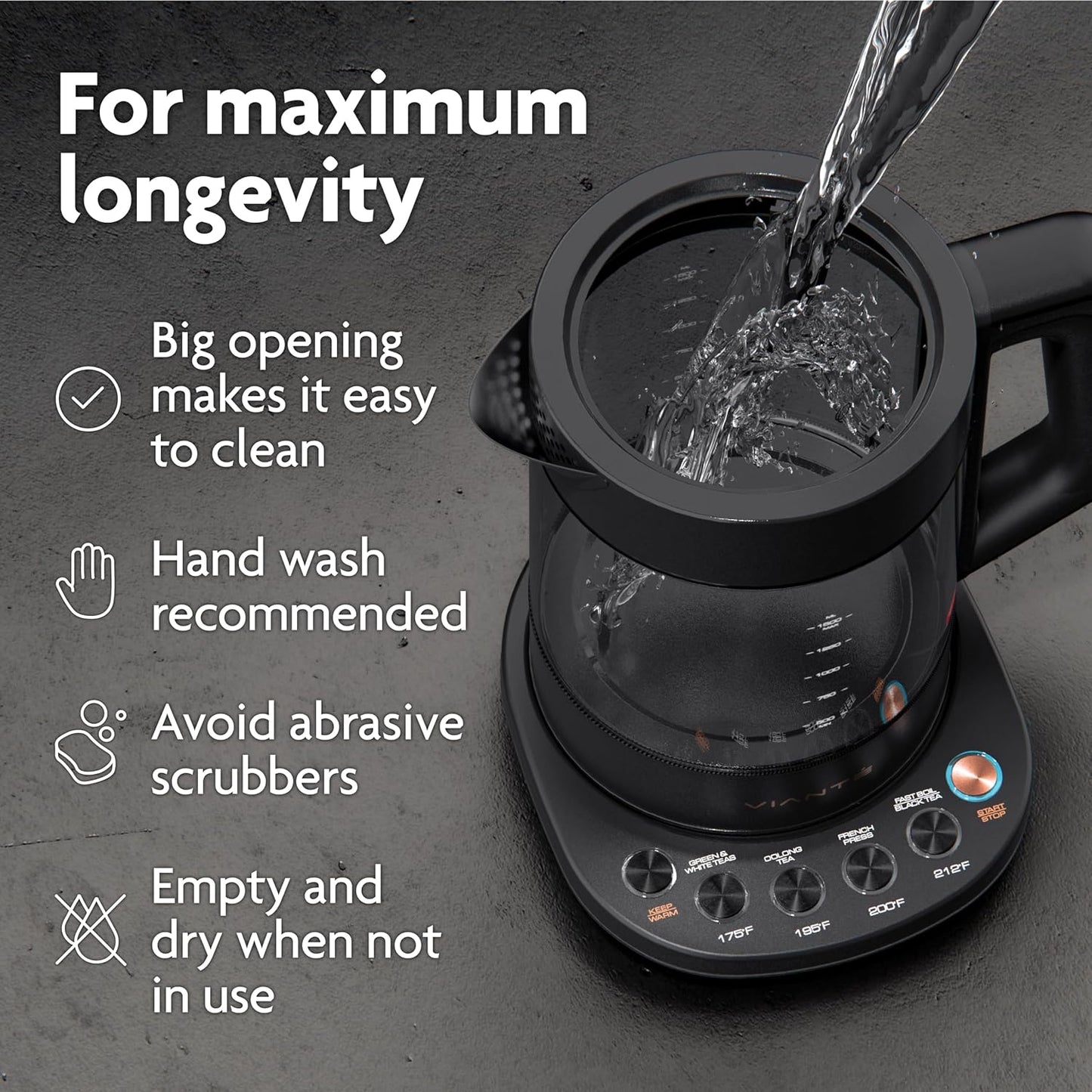 Viante Alba Electric Tea Kettle With Infuser, No Plastic, 1.5L, Black | Borosilicate glass & 304 stainless steel construction. 4 temp presets, keep-warm, cordless, auto shut-off