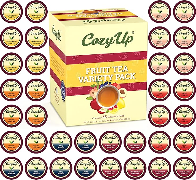 Cozy Up Iced Sweet Fruit Black Tea K-Cup Variety Pack, 36 Count - Compatible with Keurig Brewers, Includes Lemon, Tropical, Berry, Passion Fruit