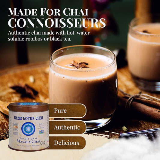 Blue Lotus Chai - Traditional Masala Chai - Makes 100 Cups - 3 Ounce Masala Spiced Chai Powder with Organic Spices - Ins