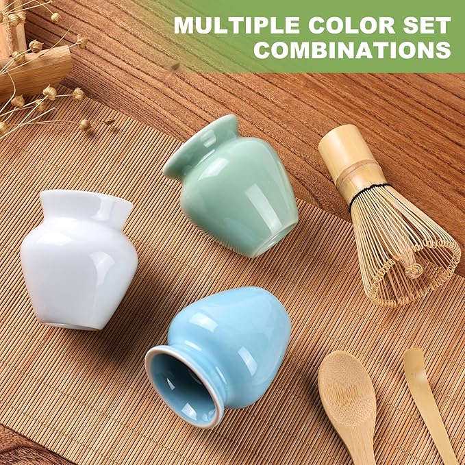 Matcha Whisk Set (4pcs, Bamboo, Green) - Japanese Matcha Whisk, Chasen, Whisk Holder, Tea Scoop, Tea Spoon