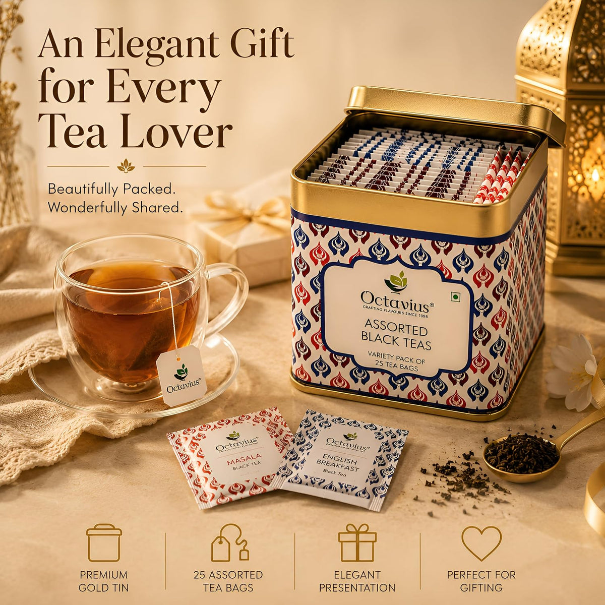 Octavius Assorted Black Tea Sampler Pack – 25 Tea Bags, 3 Flavors: Darjeeling, Assam, Indian Masala | Premium Black Tea