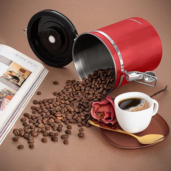 Mixpresso 16 Oz Red Coffee Canister, Stainless Steel Airtight Coffee Container, Air tight Jar Tea Storage with Date Tracker, Vacuum Sealed Espresso Airtight Canister, Sugar Container for Home