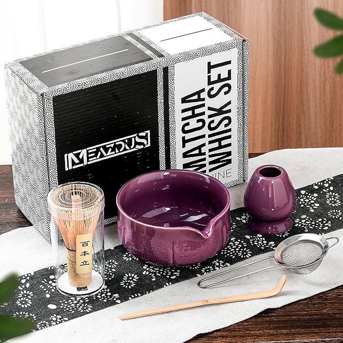 Matcha Whisk Set – 5 Piece Japanese Matcha Tea Set w/Ceramic Matcha Bowl, 100-Prong Bamboo Whisk & Holder, Scoop, & Stainless Sifter – Traditional Matcha Making Kit (Midnight Purple)