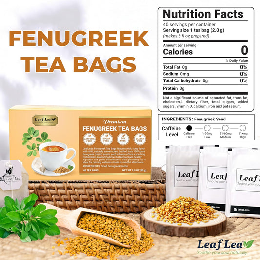LeafLea Fenugreek Tea Bags, Whole Methi Seed Tea, 80 Count Value Pack | Real Fenugreek Seed, Fenogreco Tea, Toasty Nutty Flavor, Caffeine-Free, Non-GMO, Gluten-Free, Foil-Sealed Fresh