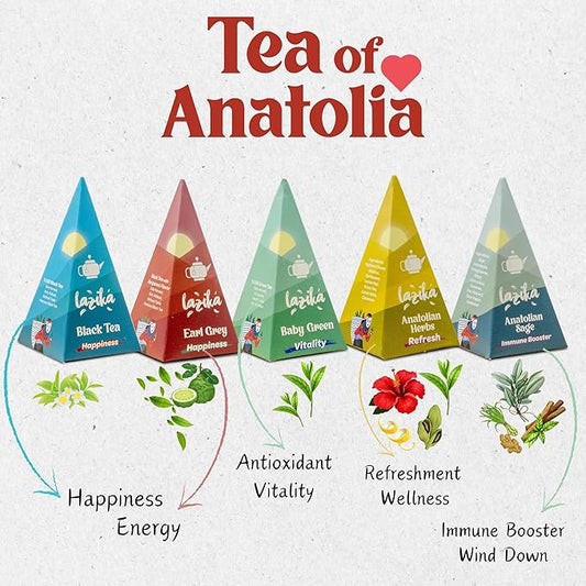 Lazika Tea Variety Pack with Lovely Presentation Box, Black, Green and Herbal Tea Sampler Gift Set, 10 Counts, Premium Collection with Pyramid Infuser Bag, Handcrafted