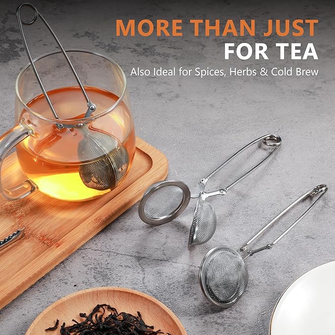 Tea Infuser Set of 3 with Handle – 304 Stainless Steel Tea Ball Strainers for Loose Leaf Tea – Bonus Tea Scoop Clip – Fine Mesh, Rustproof