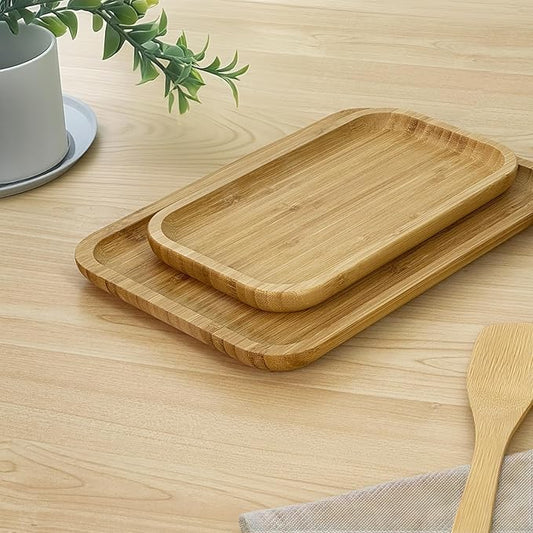Bam&Boo Bamboo Serving Tray Natural Minimalist Rectangular (11.3” x 6.2" x 0.8") Coffee, Tea, Food, Drinks, Storage, Decor for Home, Kitchen, Bathroom