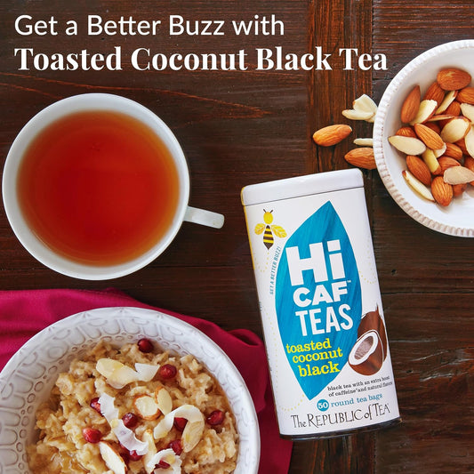 The Republic of Tea HiCAF Toasted Coconut Black Tea, High Caffeine, 50 Ct | A bold cup for morning or afternoon. Brisk and full-bodied with creamy finish and sweet licorice. Gluten Free and Carb Free.