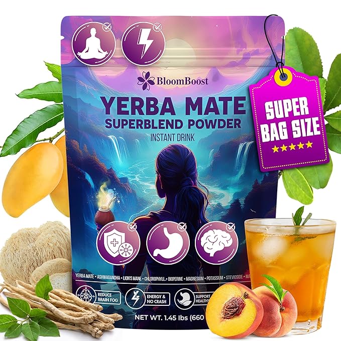 Big Size – Yerba Mate Instant Tea Powder – Yerba Mate, Ashwagandha, Lion’s Mane, Chlorophyll, Peach Mango Flavor – 1.45 lbs (60 Servings) – Sugar-Free, Gluten-Free, Superfood Energy & Focus Blend