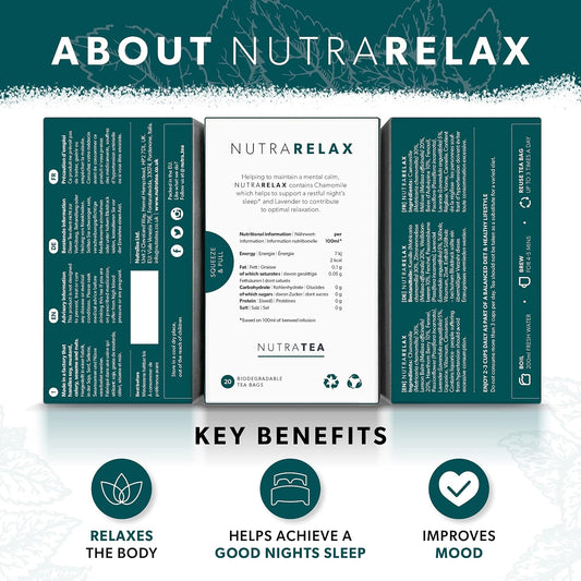 NUTRARELAX - Night Time Tea | Sleep Tea | Calm Tea - Includes Chamomile, Passionflower & Lemon Balm - 60 Enveloped Tea Bags - by Nutra Tea - Herbal Tea - (3 Pack)