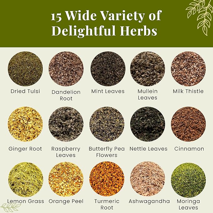 Assorted Loose Leaf Tea, 15 Delightful Herbs, Upto 900 Servings, 100% Raw & Natural, Add Health to your Soups, Smoothies, Teas and more