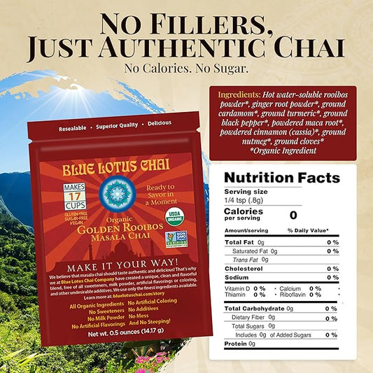 Blue Lotus Chai - Golden Rooibos Flavor Masala Chai - Makes 17 Cups - 0.5 Ounce Masala Spiced Chai Powder with Organic Spices - Instant Indian Tea No Steeping - No Gluten