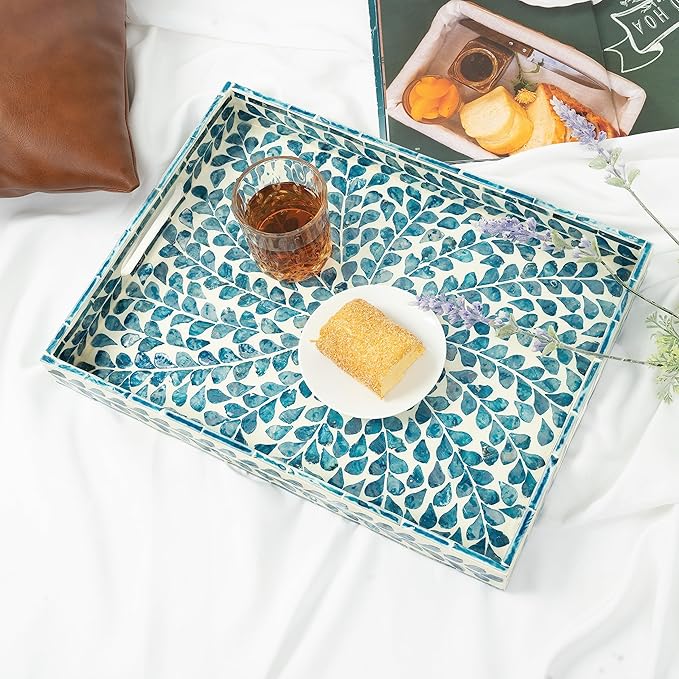 CLAYNIX Serving Tray 15.7" X11.8", Lacquer Mother of Pearl Inlay Mosaic Tray, Rectangle Wooden Marble Tray with Handles Trays for Tea, Breakfast in Bed, Table (Blue)