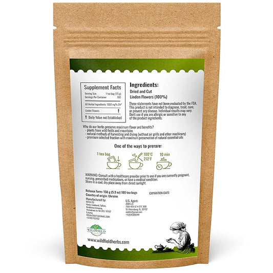 100 Bags Linden Tea Dried Linden Flower Tea Herbal (Tilia Cordata) - 100 Count 1.5g Bags Herb Lipa