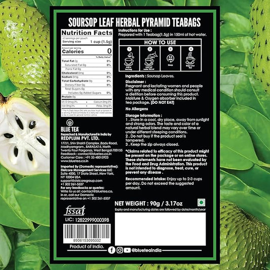 BLUE TEA - Soursop Tea - 60 Count - Pyramid Plant Based Tea Bags | Hoja Guanabana Tea | Premium Graviola Leaves | Herbal Tea - Caffeine Free - Sugar Free - Non-Bitter | Ziplock Pack