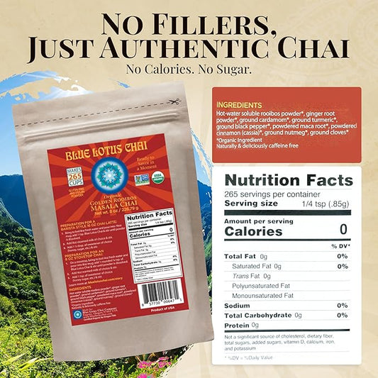 Blue Lotus Chai - Organic Golden Rooibos Masala Chai - Makes 265 Cups - 8oz Bag Masala Spiced Chai Powder with Organic Spices - Instant Indian Tea No Steeping - No Gluten