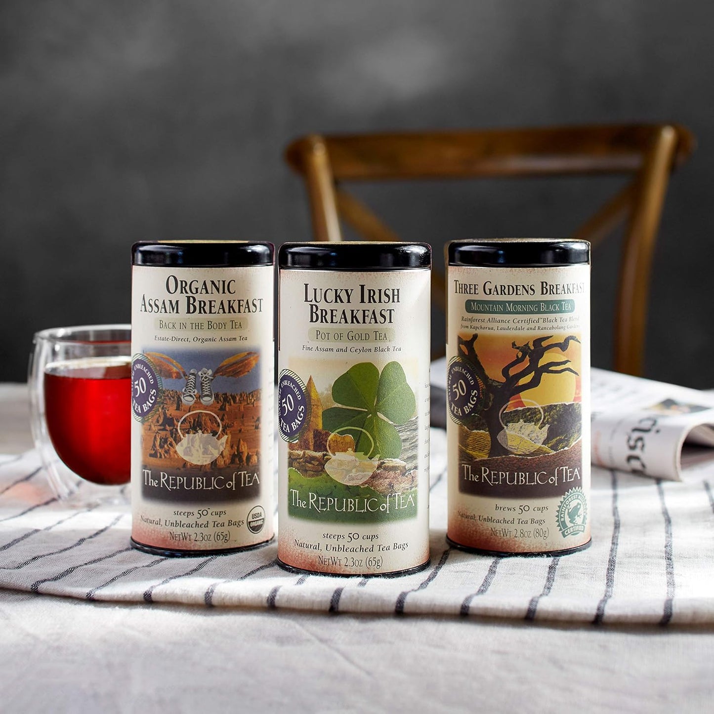The Republic of Tea Organic Assam Breakfast Black Tea, 50 Count | Naturally Caffeinated. Made for morning or afternoon sipping. Brisk and full-bodied. USDA Organic and Gluten Free.
