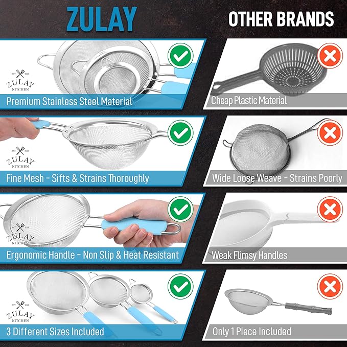 Zulay Kitchen Premium Stainless Steel Fine Mesh Strainer Set - Strainers For Kitchen (Set of 3) With Non-Slip Handles - Includes A Small, Medium & Large Fine Mesh Sieve Set - Durable Metal Strainer