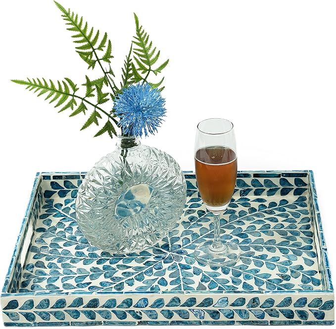 CLAYNIX Serving Tray 15.7" X11.8", Lacquer Mother of Pearl Inlay Mosaic Tray, Rectangle Wooden Marbl