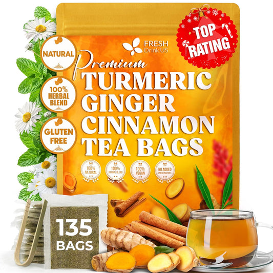 FreshDrinkUS, Premium Turmeric Ginger Cinnamon Tea Bags | 135 Tea Bags | Herbal Spice Tea Blend, Naturally Caffeine Free, Warm & Aromatic Flavor, 100% Natural Ingredients, Convenient Tea Bags