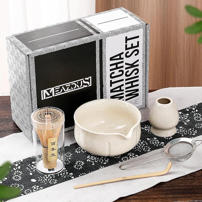 Matcha Whisk Set – 5 Piece Japanese Matcha Tea Set w/Ceramic Matcha Bowl, 100-Prong Bamboo Whisk & Holder, Scoop, & Stainless Sifter – Traditional Matcha Making Kit (Off-White)