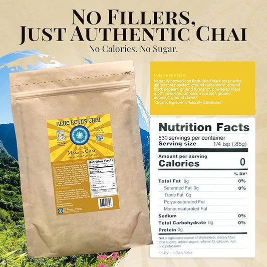 Blue Lotus Chai - Golden Masala Chai - Makes 530 Cups - 1 Pound Bulk Bag Masala Spiced Chai Powder with Organic Spices - Instant Indian Tea No Steeping - No Gluten