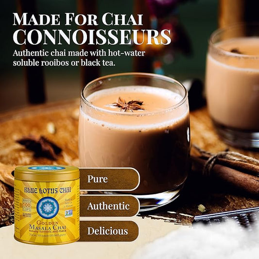 Blue Lotus Chai - Golden Masala Flavor Chai - Makes 100 Cups - 3 Ounce Masala Spiced Chai Powder with Organic Spices - Instant Indian Tea No Steeping - No Gluten