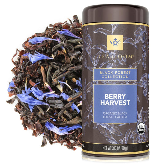Teabloom Organic Fruity Black Tea, Berry Harvest Loose Leaf Tea, USDA Certified Organic & Kosher, Fresh Whole Leaf Blend in Reusable Gift Canister Makes 35-50 Cups