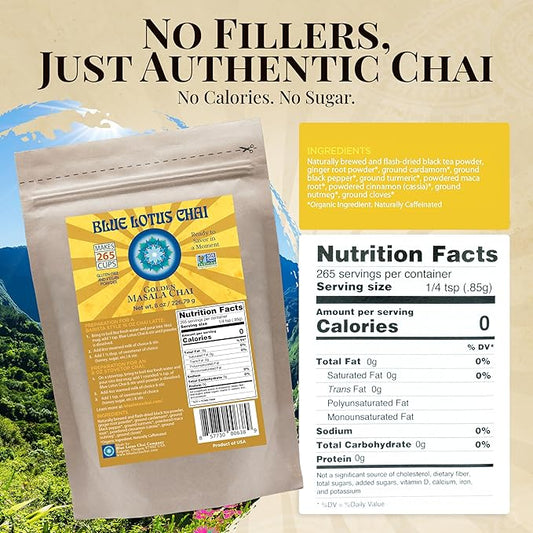 Blue Lotus Chai – Golden Masala Chai with Turmeric and Maca - Makes 265 Cups – Just Add Hot Water, No Steeping, No Gluten - 8 Ounce Masala Chai Powder with Organic Spices – Authentic Indian Tea
