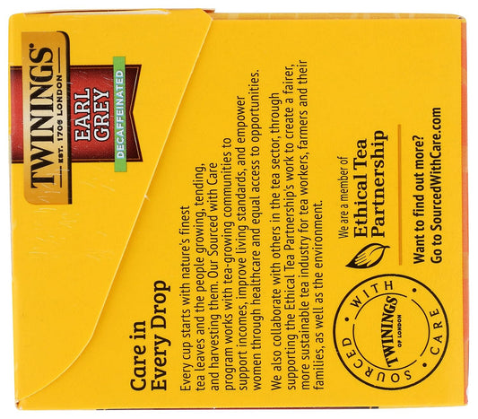 Twinings Decaffeinated Earl Grey Black Bergamot Tea Bags 20 CT Box (1 Pack) | Classic Black Tea, Light & Citrusy, Without Caffeine, 20 Foil Lined Individually Wrapped Bags, Enjoy Hot or Iced