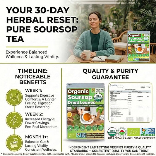 160+ USDA Organic Soursop Graviola Dried Leaves, Non GMO, 100% Organic Whole Soursop Leaves, Caffeine Free, Gluten Free, Wildcrafted & Authentic, Hojas de Guanabana, te de graviola , Guanábana Hojas Loose Leaf Herbal Tea