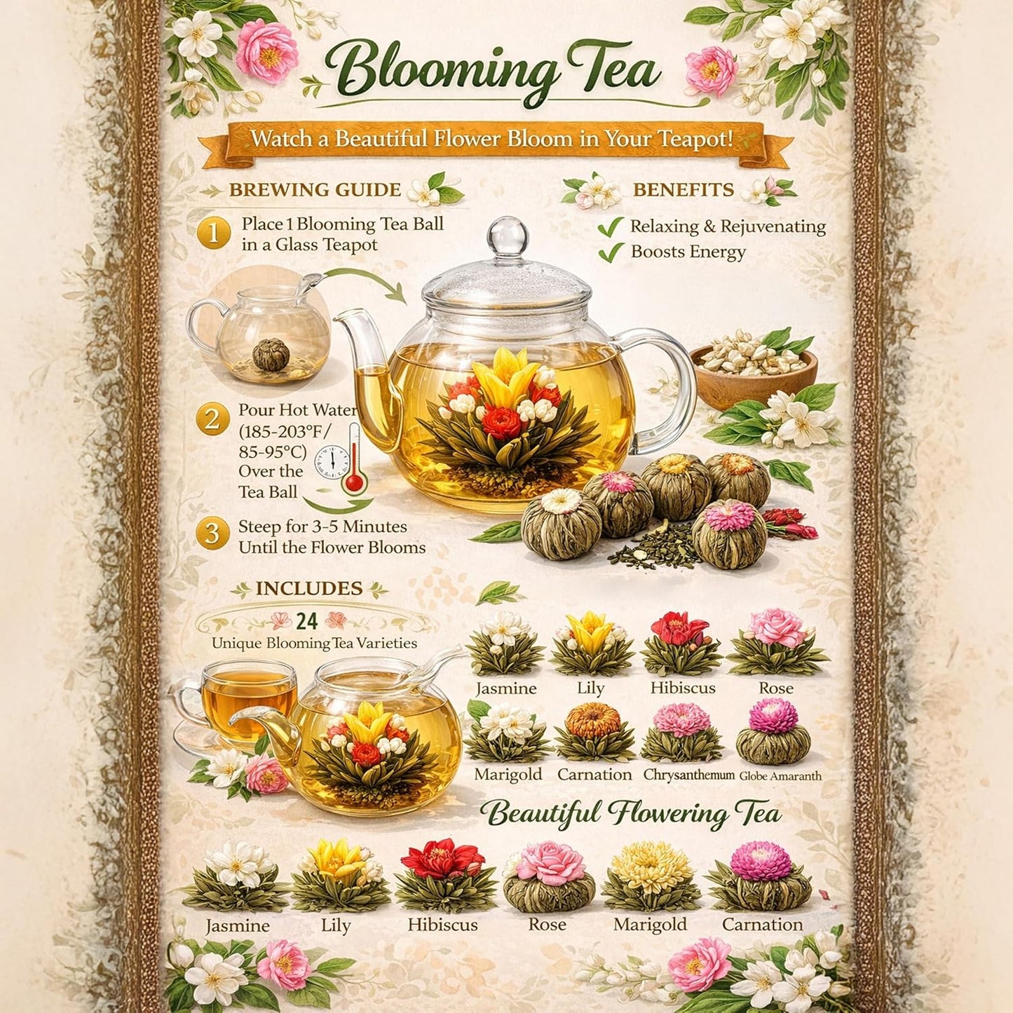 Blooming Tea & Edible Flower Infusions, Green Tea, 24 Unique Flavors Gift Set for Everyone – Natural, Floral & Aromatic Teas in Extra Large Premium Gift Box