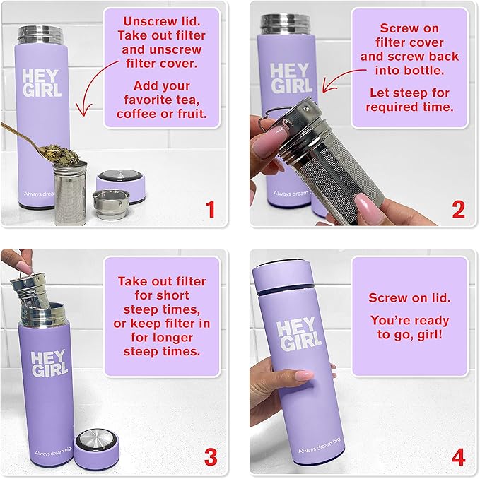 Hey Girl Tea Infuser Bottle 450ml - Insulated Stainless Steel Water Bottle - Tea Tumbler with Tea Diffuser