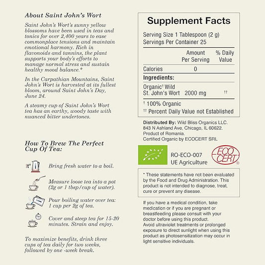 Wild Bliss Organic St Johns Wort Herbal Tea - Caffeine Free Mood Balance Support Tea - Pharmacopoeia Potency - 20 Plant Based Tea Bags