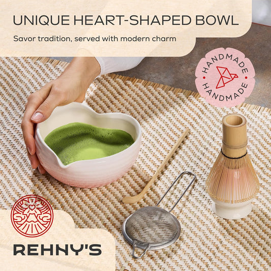 Rehny’s Matcha Whisk Set | Complete Pink Matcha Set w/Heart-Shaped Bowl, Bamboo Whisk, Holder, Stainless Steel Sifter, Bamboo Scoop | Cute Gift Present Macha Kit Handmade Bowl | Macha Powder Tea Kit
