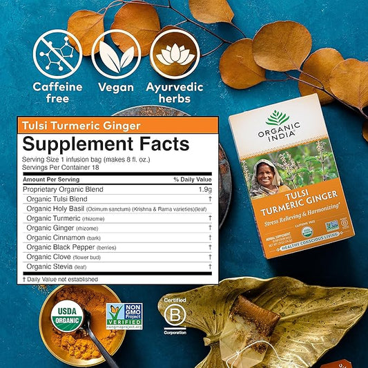Organic India Tulsi Tumeric Ginger Herbal Tea - Stress Relieving & Harmonizing, Immune Support, Aids Digestion, Vegan, Caffeine-Free