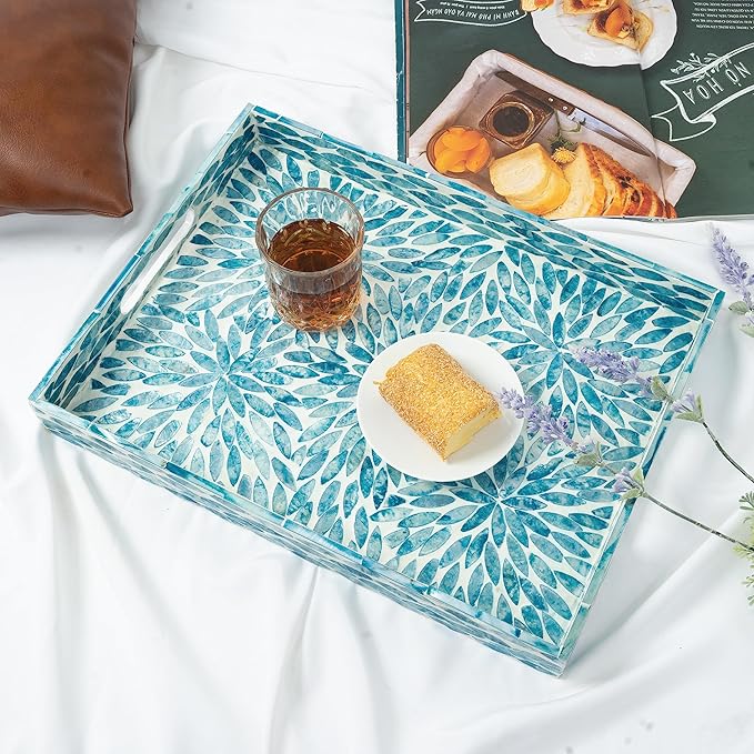 CLAYNIX Serving Tray 15.7" X11.8", Lacquer Mother of Pearl Inlay Mosaic Tray, Rectangle Wooden Marble Tray with Handles Trays for Tea, Breakfast in Bed, Table (Flower Style)