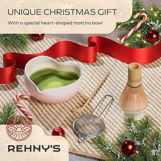 Rehny’s Matcha Whisk Set, Complete Matcha Set w/Heart-Shaped Bowl, Bamboo Whisk, Holder, Stainless Steel Sifter, Bamboo Scoop