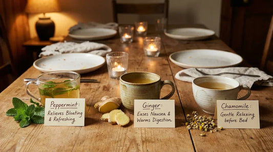 A photo of peppermint, ginger, and chamomile teas arranged with explanatory cards on a rustic table.