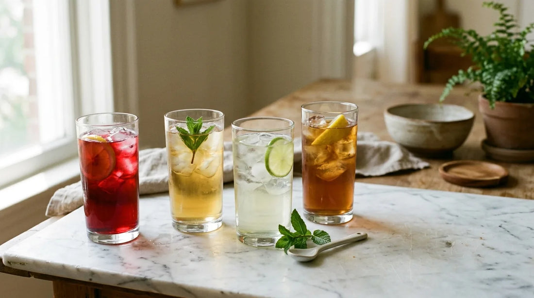 Four iced tea glasses on marble showing hibiscus, oolong, green, and black tea options for an afternoon slump reset