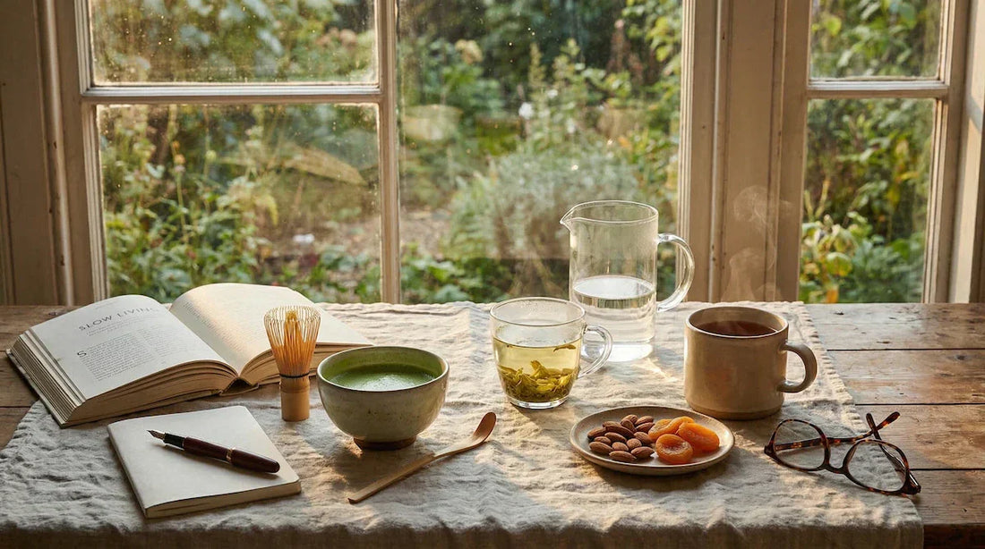 Afternoon tea setting with matcha, green tea, black tea, and a book by a sunlit window.