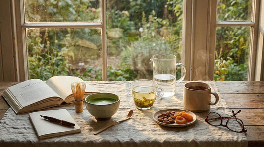 Afternoon tea setting with matcha, green tea, black tea, and a book by a sunlit window.