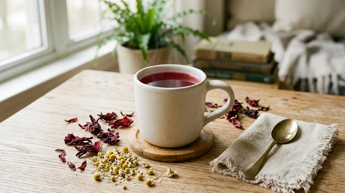 A white ceramic mug of deep ruby herbal tea on an oak desk with dried hibiscus petals and chamomile flowers in warm afternoon light